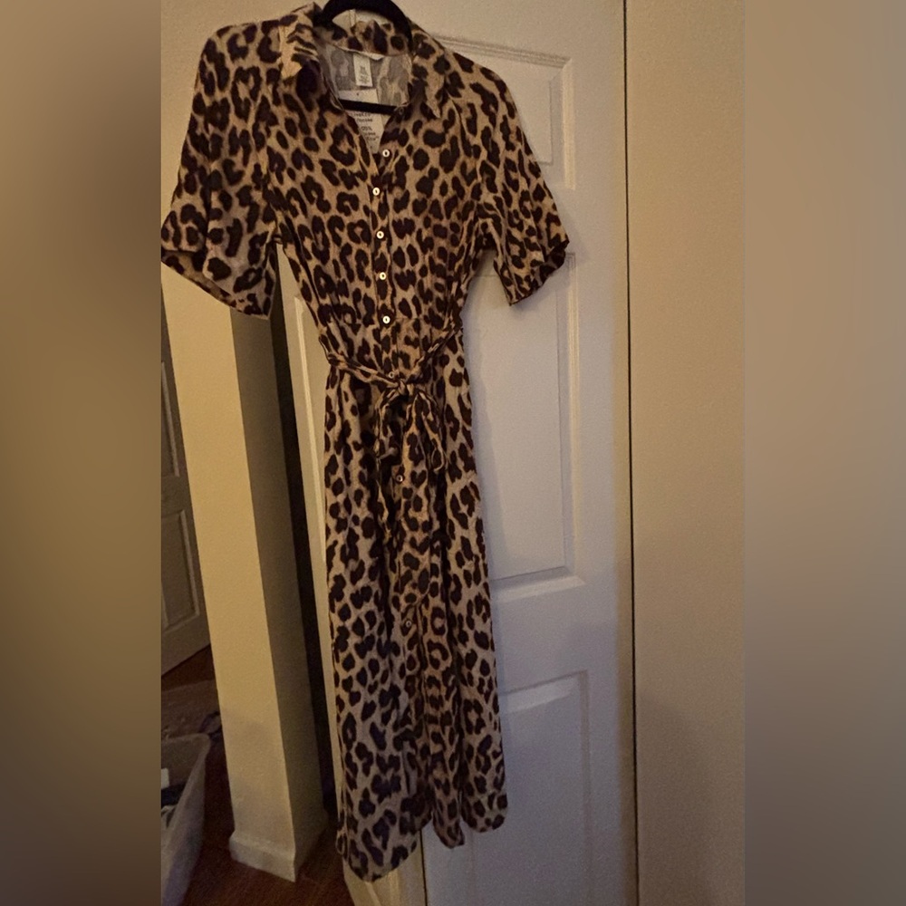 Leopard Print Button-Front Midi Dress with Tie Waist - Brown/Black